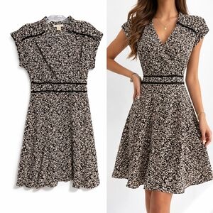 Monteau Black & White Floral Midi Dress - V-Neck Cap Sleeve Fit & Flare - Size S